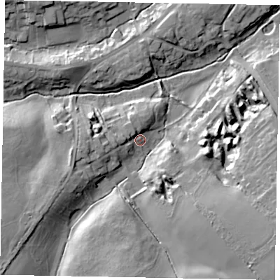 Shaded relief map of the ground around NN173JY, computed from Environment Agency LiDAR. The ground here sits at about 83 m above sea level and falls 21 m across the surrounding 800 m. Surface water reaching this point runs off ground lying to the west-south-west, 5.9 m higher.