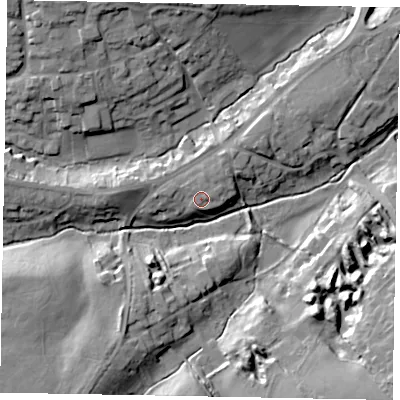 Shaded relief map of the ground around NN173LF, computed from Environment Agency LiDAR. The ground here sits at about 84 m above sea level and falls 19 m across the surrounding 800 m. Surface water reaching this point runs off ground lying to the east-north-east, 2.2 m higher.