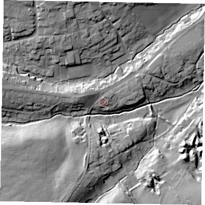 Shaded relief map of the ground around NN173LG, computed from Environment Agency LiDAR. The ground here sits at about 84 m above sea level and falls 18 m across the surrounding 800 m. Surface water reaching this point runs off ground lying to the west-north-west, 3.1 m higher.