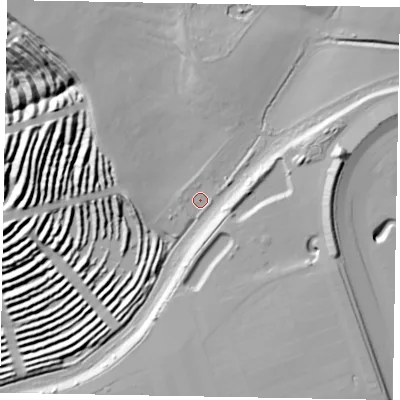 Shaded relief map of the ground around NN174BB, computed from Environment Agency LiDAR. The ground here sits at about 102 m above sea level and falls 20 m across the surrounding 800 m. Surface water reaching this point runs off ground lying to the south, 11.4 m higher.