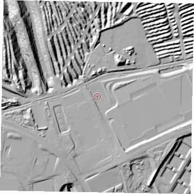 Shaded relief map of the ground around NN175QT, computed from Environment Agency LiDAR. The ground here sits at about 109 m above sea level and falls 28 m across the surrounding 800 m. Surface water reaching this point runs off ground lying to the south-east, 7.5 m higher.