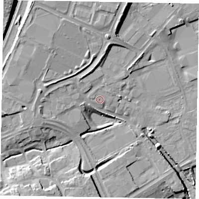 Shaded relief map of the ground around NN175TS, computed from Environment Agency LiDAR. The ground here sits at about 101 m above sea level and falls 17 m across the surrounding 800 m. Surface water reaching this point runs off ground lying to the north-north-east, 1.0 m higher.