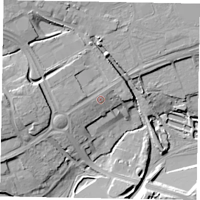 Shaded relief map of the ground around NN175UE, computed from Environment Agency LiDAR. The ground here sits at about 99 m above sea level and falls 17 m across the surrounding 800 m. Surface water reaching this point runs off ground lying to the north-west, 1.9 m higher.