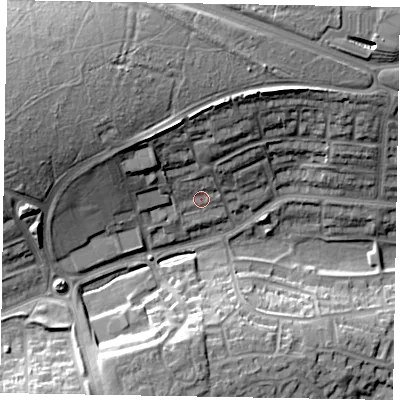 Shaded relief map of the ground around NN180SF, computed from Environment Agency LiDAR. The ground here sits at about 107 m above sea level and falls 20 m across the surrounding 800 m. Surface water reaching this point runs off ground lying to the north, 14.4 m higher.