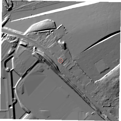 Shaded relief map of the ground around NN188AA, computed from Environment Agency LiDAR. The ground here sits at about 105 m above sea level and falls 23 m across the surrounding 800 m. Surface water reaching this point runs off ground lying to the west-south-west, 0.7 m higher.