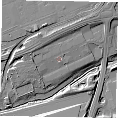 Shaded relief map of the ground around NN188AG, computed from Environment Agency LiDAR. The ground here sits at about 95 m above sea level and falls 20 m across the surrounding 800 m. Surface water reaching this point runs off ground lying to the west-north-west, 5.4 m higher.