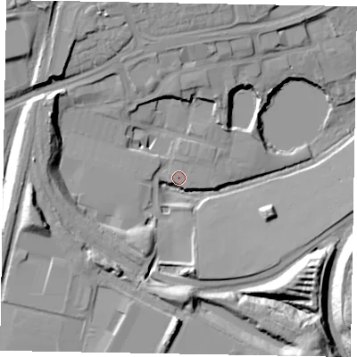 Shaded relief map of the ground around NN188AJ, computed from Environment Agency LiDAR. The ground here sits at about 98 m above sea level and falls 21 m across the surrounding 800 m. Surface water reaching this point runs off ground lying to the west-north-west, 14.7 m higher.