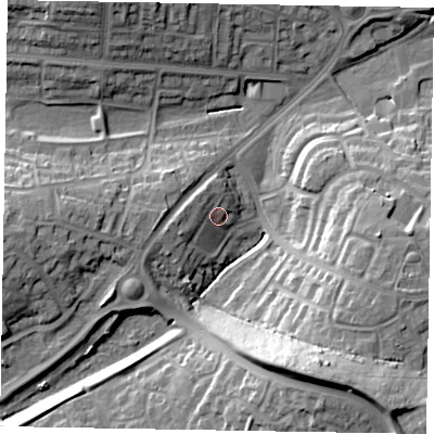 Shaded relief map of the ground around NN188BW, computed from Environment Agency LiDAR. The ground here sits at about 105 m above sea level and falls 25 m across the surrounding 800 m. Surface water reaching this point runs off ground lying to the west, 4.8 m higher.