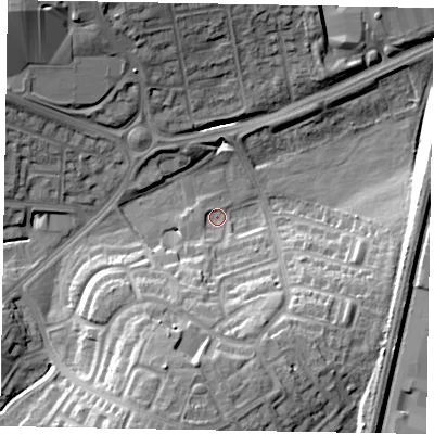 Shaded relief map of the ground around NN188DL, computed from Environment Agency LiDAR. The ground here sits at about 99 m above sea level and falls 21 m across the surrounding 800 m. Surface water reaching this point runs off ground lying to the south, 15.4 m higher.