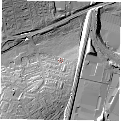 Shaded relief map of the ground around NN188DP, computed from Environment Agency LiDAR. The ground here sits at about 101 m above sea level and falls 18 m across the surrounding 800 m. Surface water reaching this point runs off ground lying to the south-south-east, 8.4 m higher.