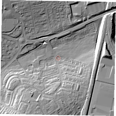 Shaded relief map of the ground around NN188DY, computed from Environment Agency LiDAR. The ground here sits at about 98 m above sea level and falls 20 m across the surrounding 800 m. Surface water reaching this point runs off ground lying to the south-south-west, 16.8 m higher.