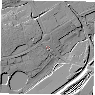 Shaded relief map of the ground around NN188ES, computed from Environment Agency LiDAR. The ground here sits at about 98 m above sea level and falls 18 m across the surrounding 800 m. Surface water reaching this point runs off ground lying to the west-north-west, 3.9 m higher.