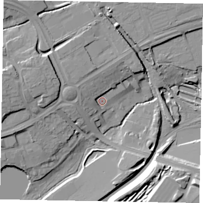 Shaded relief map of the ground around NN188EW, computed from Environment Agency LiDAR. The ground here sits at about 94 m above sea level and falls 20 m across the surrounding 800 m. Surface water reaching this point runs off ground lying to the west-north-west, 6.5 m higher.