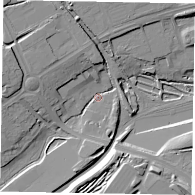 Shaded relief map of the ground around NN188FA, computed from Environment Agency LiDAR. The ground here sits at about 93 m above sea level and falls 24 m across the surrounding 800 m. Surface water reaching this point runs off ground lying to the west-north-west, 14.6 m higher.