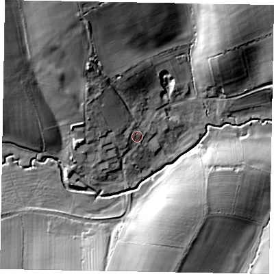 Shaded relief map of the ground around NN188HA, computed from Environment Agency LiDAR. The ground here sits at about 80 m above sea level and falls 26 m across the surrounding 800 m. Surface water reaching this point runs off ground lying to the west-north-west, 6.1 m higher.