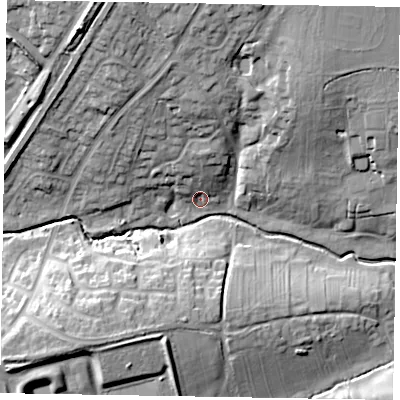Shaded relief map of the ground around NN188HD, computed from Environment Agency LiDAR. The ground here sits at about 87 m above sea level and falls 26 m across the surrounding 800 m. Surface water reaching this point runs off ground lying to the north, 8.3 m higher.