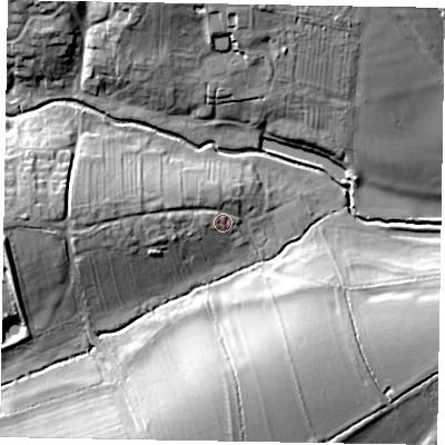 Shaded relief map of the ground around NN188HJ, computed from Environment Agency LiDAR. The ground here sits at about 89 m above sea level and falls 21 m across the surrounding 800 m. Surface water reaching this point runs off ground lying to the west, 9.3 m higher.