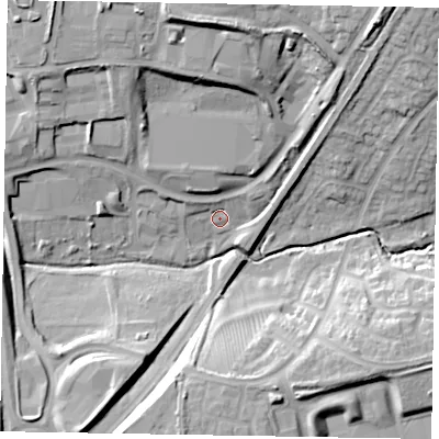 Shaded relief map of the ground around NN188HW, computed from Environment Agency LiDAR. The ground here sits at about 92 m above sea level and falls 26 m across the surrounding 800 m. Surface water reaching this point runs off ground lying to the north-north-west, 19.8 m higher.