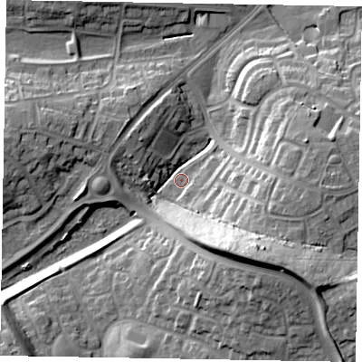 Shaded relief map of the ground around NN188LS, computed from Environment Agency LiDAR. The ground here sits at about 102 m above sea level and falls 25 m across the surrounding 800 m. Surface water reaching this point runs off ground lying to the south-east, 21.2 m higher.