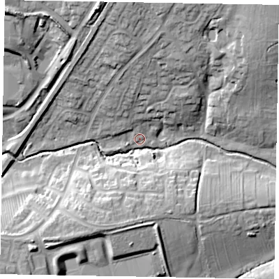 Shaded relief map of the ground around NN188NN, computed from Environment Agency LiDAR. The ground here sits at about 88 m above sea level and falls 25 m across the surrounding 800 m. Surface water reaching this point runs off ground lying to the north, 18.1 m higher.