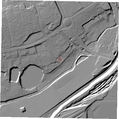 Shaded relief map of the ground around NN188SZ, computed from Environment Agency LiDAR. The ground here sits at about 95 m above sea level and falls 21 m across the surrounding 800 m. Surface water reaching this point runs off ground lying to the north-west, 6.7 m higher.