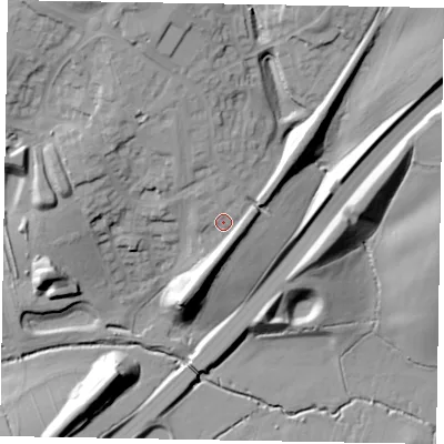 Shaded relief map of the ground around NN188TX, computed from Environment Agency LiDAR. The ground here sits at about 97 m above sea level and falls 32 m across the surrounding 800 m. Surface water reaching this point runs off ground lying to the north, 4.6 m higher.