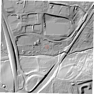 Shaded relief map of the ground around NN189NF, computed from Environment Agency LiDAR. The ground here sits at about 93 m above sea level and falls 25 m across the surrounding 800 m. Surface water reaching this point runs off ground lying to the north, 4.3 m higher.