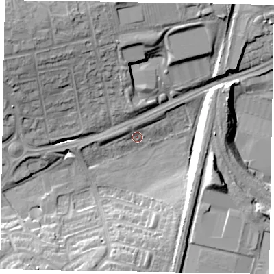 Shaded relief map of the ground around NN189NH, computed from Environment Agency LiDAR. The ground here sits at about 100 m above sea level and falls 20 m across the surrounding 800 m. Surface water reaching this point runs off ground lying to the north, 18.4 m higher.