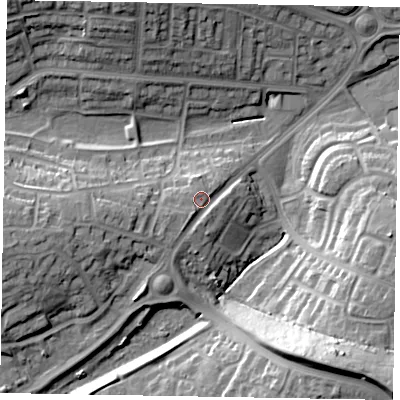 Shaded relief map of the ground around NN189NP, computed from Environment Agency LiDAR. The ground here sits at about 107 m above sea level and falls 25 m across the surrounding 800 m. Surface water reaching this point runs off ground lying to the west-south-west, 6.1 m higher.