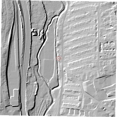 Shaded relief map of the ground around NN26BN, computed from Environment Agency LiDAR. The ground here sits at about 62 m above sea level and falls 24 m across the surrounding 800 m. Surface water reaching this point runs off ground lying to the east-north-east, 2.9 m higher.