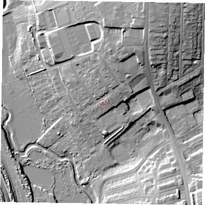 Shaded relief map of the ground around NN26LS, computed from Environment Agency LiDAR. The ground here sits at about 72 m above sea level and falls 26 m across the surrounding 800 m. Surface water reaching this point runs off ground lying to the north-north-east, 15.7 m higher.