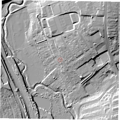 Shaded relief map of the ground around NN26LY, computed from Environment Agency LiDAR. The ground here sits at about 67 m above sea level and falls 26 m across the surrounding 800 m. Surface water reaching this point runs off ground lying to the north-east, 4.0 m higher.