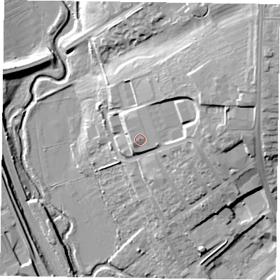 Shaded relief map of the ground around NN26NE, computed from Environment Agency LiDAR. The ground here sits at about 73 m above sea level and falls 27 m across the surrounding 800 m. Surface water reaching this point runs off ground lying to the east-south-east, 1.7 m higher.