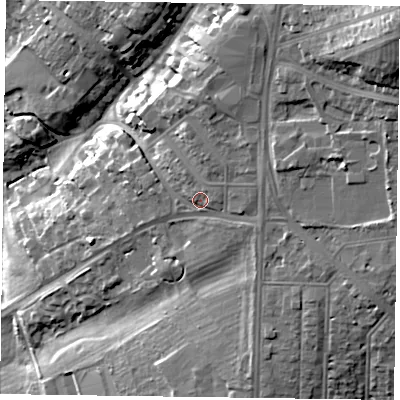 Shaded relief map of the ground around NN26QA, computed from Environment Agency LiDAR. The ground here sits at about 85 m above sea level and falls 44 m across the surrounding 800 m. Surface water reaching this point runs off ground lying to the east-north-east, 2.1 m higher.