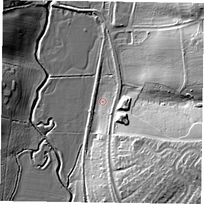 Shaded relief map of the ground around NN28GR, computed from Environment Agency LiDAR. The ground here sits at about 66 m above sea level and falls 30 m across the surrounding 800 m. Surface water reaching this point runs off ground lying to the south-east, 5.2 m higher.