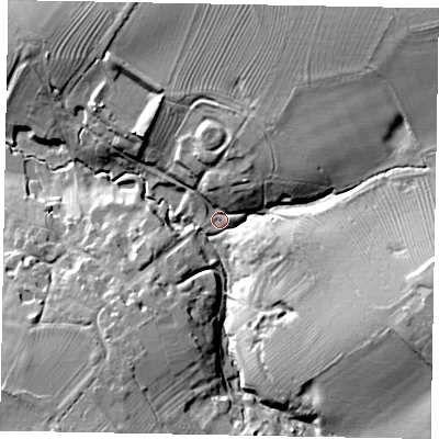 Shaded relief map of the ground around NN297HP, computed from Environment Agency LiDAR. The ground here sits at about 68 m above sea level and falls 26 m across the surrounding 800 m. Surface water reaching this point runs off ground lying to the east-south-east, 22.2 m higher.