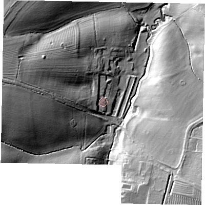 Shaded relief map of the ground around NN297JE, computed from Environment Agency LiDAR. The ground here sits at about 71 m above sea level and falls 28 m across the surrounding 800 m. Surface water reaching this point runs off ground lying to the west, 6.2 m higher.