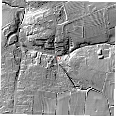 Shaded relief map of the ground around NN297JH, computed from Environment Agency LiDAR. The ground here sits at about 75 m above sea level and falls 25 m across the surrounding 800 m. Surface water reaching this point runs off ground lying to the south-south-west, 18.8 m higher.