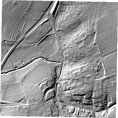 Shaded relief map of the ground around NN297LZ, computed from Environment Agency LiDAR. The ground here sits at about 71 m above sea level and falls 23 m across the surrounding 800 m. Surface water reaching this point runs off ground lying to the east-north-east, 10.0 m higher.