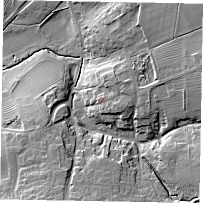 Shaded relief map of the ground around NN297NB, computed from Environment Agency LiDAR. The ground here sits at about 80 m above sea level and falls 23 m across the surrounding 800 m. Surface water reaching this point runs off ground lying to the north-east, 5.8 m higher.
