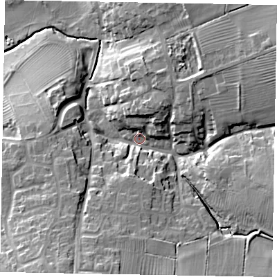 Shaded relief map of the ground around NN297NF, computed from Environment Agency LiDAR. The ground here sits at about 74 m above sea level and falls 25 m across the surrounding 800 m. Surface water reaching this point runs off ground lying to the south-south-west, 16.9 m higher.