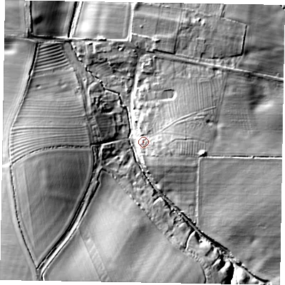 Shaded relief map of the ground around NN297NR, computed from Environment Agency LiDAR. The ground here sits at about 76 m above sea level and falls 25 m across the surrounding 800 m. Surface water reaching this point runs off ground lying to the east-south-east, 8.9 m higher.