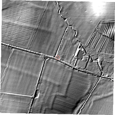 Shaded relief map of the ground around NN297PR, computed from Environment Agency LiDAR. The ground here sits at about 48 m above sea level and falls 22 m across the surrounding 800 m. Surface water reaching this point runs off ground lying to the south-west, 11.9 m higher.