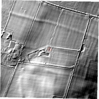 Shaded relief map of the ground around NN297PT, computed from Environment Agency LiDAR. The ground here sits at about 56 m above sea level and falls 18 m across the surrounding 800 m. Surface water reaching this point runs off ground lying to the east-south-east, 3.6 m higher.