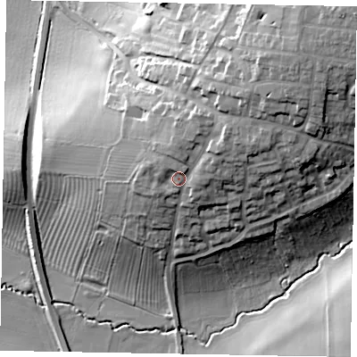Shaded relief map of the ground around NN297QS, computed from Environment Agency LiDAR. The ground here sits at about 73 m above sea level and falls 37 m across the surrounding 800 m. Surface water reaching this point runs off ground lying to the north-east, 6.0 m higher.