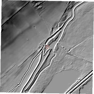 Shaded relief map of the ground around NN297TD, computed from Environment Agency LiDAR. The ground here sits at about 44 m above sea level and falls 30 m across the surrounding 800 m. Surface water reaching this point runs off ground lying to the north-west, 2.3 m higher.