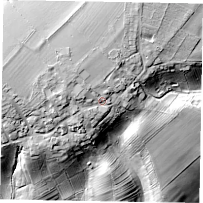 Shaded relief map of the ground around NN297TQ, computed from Environment Agency LiDAR. The ground here sits at about 86 m above sea level and falls 48 m across the surrounding 800 m. Surface water reaching this point runs off ground lying to the west-north-west, 9.5 m higher.