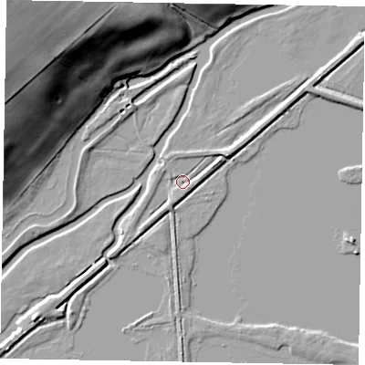 Shaded relief map of the ground around NN297TS, computed from Environment Agency LiDAR. The ground here sits at about 42 m above sea level and falls 33 m across the surrounding 800 m. Surface water reaching this point runs off ground lying to the south-west, 2.2 m higher.