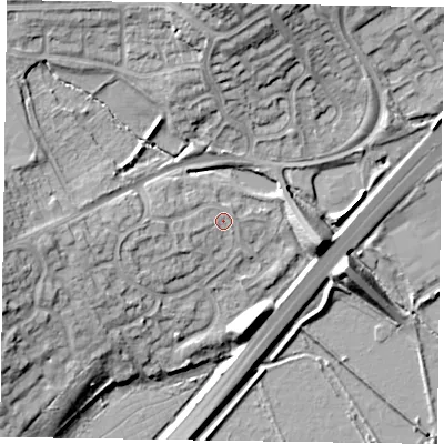 Shaded relief map of the ground around NN33DH, computed from Environment Agency LiDAR. The ground here sits at about 57 m above sea level and falls 18 m across the surrounding 800 m. Surface water reaching this point runs off ground lying to the west, 2.7 m higher.