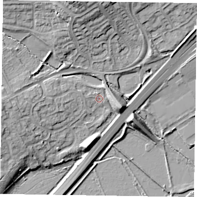 Shaded relief map of the ground around NN33EH, computed from Environment Agency LiDAR. The ground here sits at about 56 m above sea level and falls 18 m across the surrounding 800 m. Surface water reaching this point runs off ground lying to the north-north-west, 14.5 m higher.